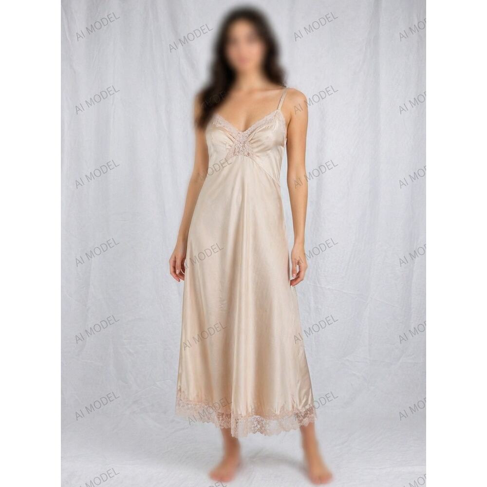 Vintage Vanity Fair Nylon Full‎ Slip Dress Beige Lace Trim 36 Tall
